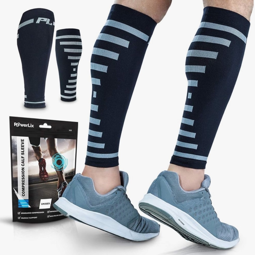 POWERLIX Unisex Pair Compression Calf Sleeves Black/Grey Striped Size S/M